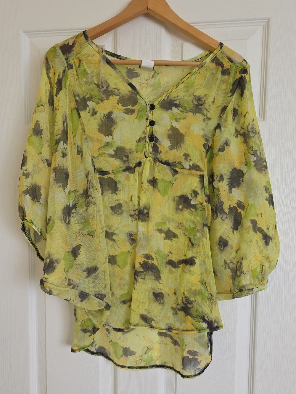 Sheer Lime Floral V-Neck Blouse with Button Detail - Women's Top